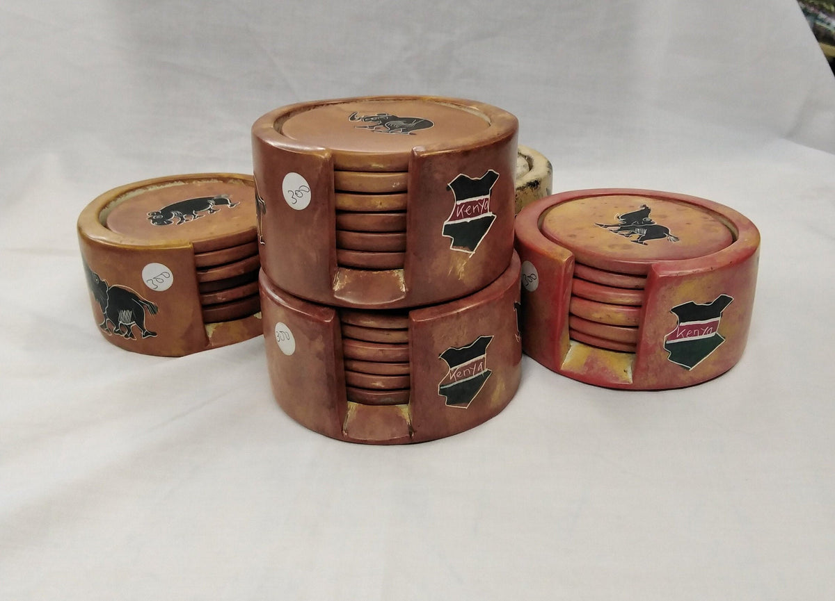6 Soapstone Circle Coaster set with Holder. Drink Coasters. Engraved Coaster Set. Kenyan Flag Soapstone Coaster Set.Wildlife Lion Coasters.