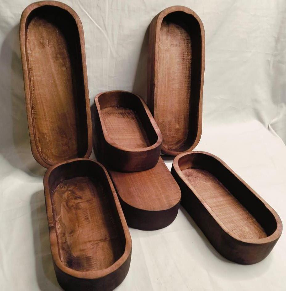 Rustic New Wood Dough Bowl Light Brown Dye | Hand finished Wood Candle Vessels 9 and 11" mix Farmhouse Decor Reusable Candle Bowls set of 6