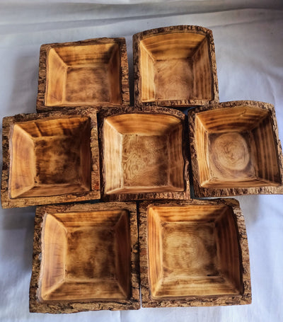 ON SALE !New Bowl Alert! Unique  Handmade 5" square wooden Petite Bowls With Bark set of 10.Wax Dough Bowls.Gift items.Farmhouse Decor