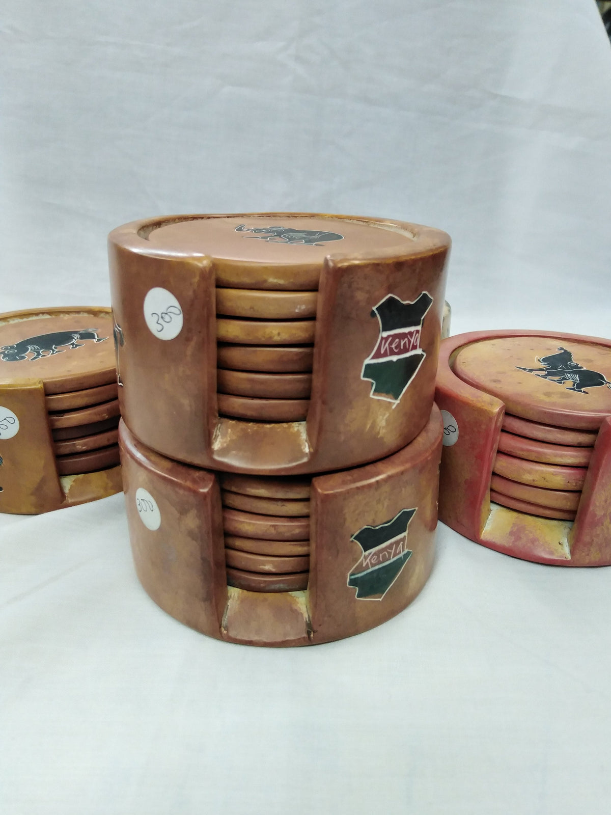 6 Soapstone Circle Coaster set with Holder. Drink Coasters. Engraved Coaster Set. Kenyan Flag Soapstone Coaster Set.Wildlife Lion Coasters.