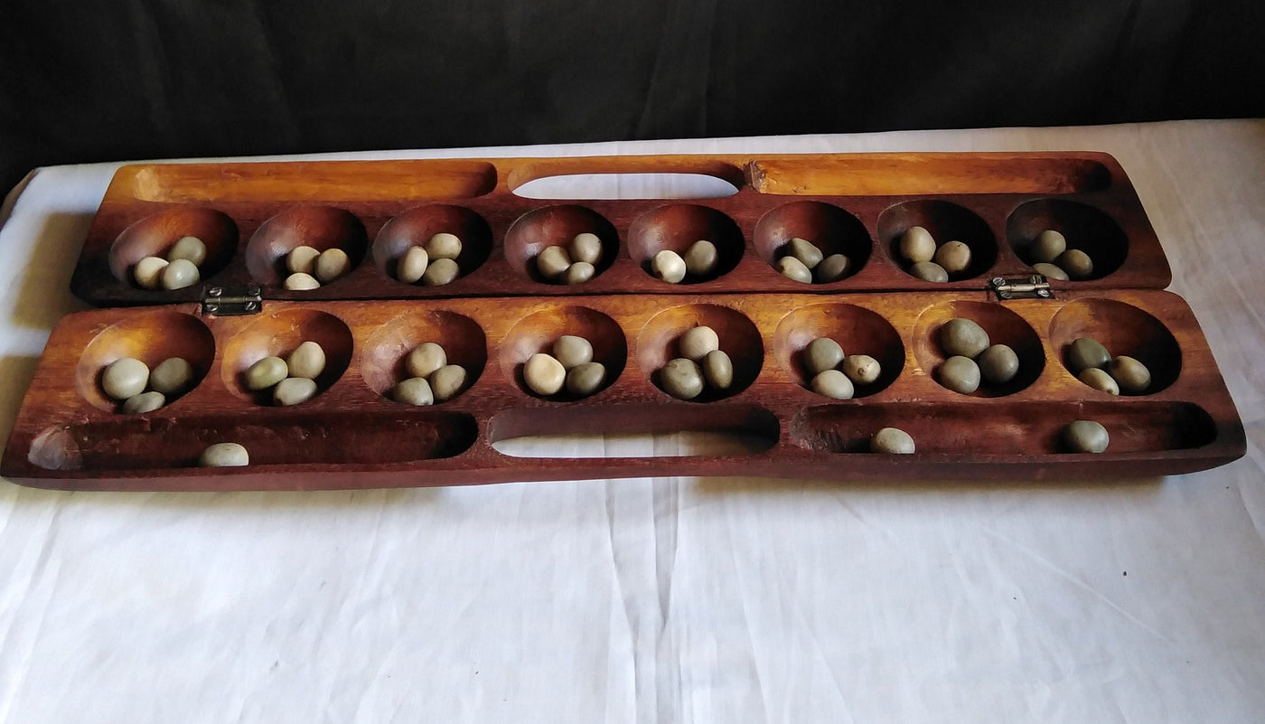 Handmade Mancala Board Game-Personalized.Dark Hardwood Bao Board Game.Traditional Ajua Game.Hawalis Game of Oman.with Sago palm seed/marbles