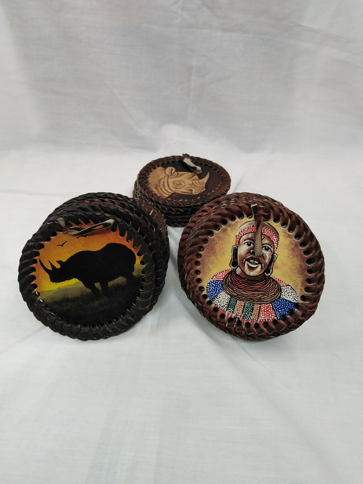 6 Leather Circle Coaster set with Holder. Drink Coasters. Engraved Coaster Set. The Big Five wildlife Leather Coaster Set.Gift Coasters