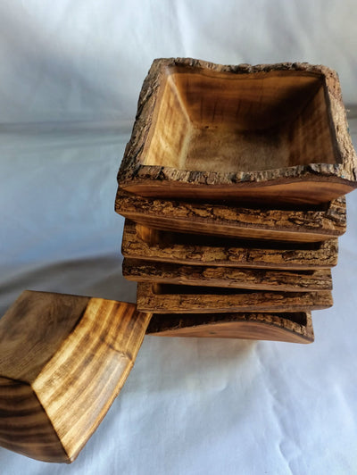 ON SALE !New Bowl Alert! Unique  Handmade 5" square wooden Petite Bowls With Bark set of 10.Wax Dough Bowls.Gift items.Farmhouse Decor