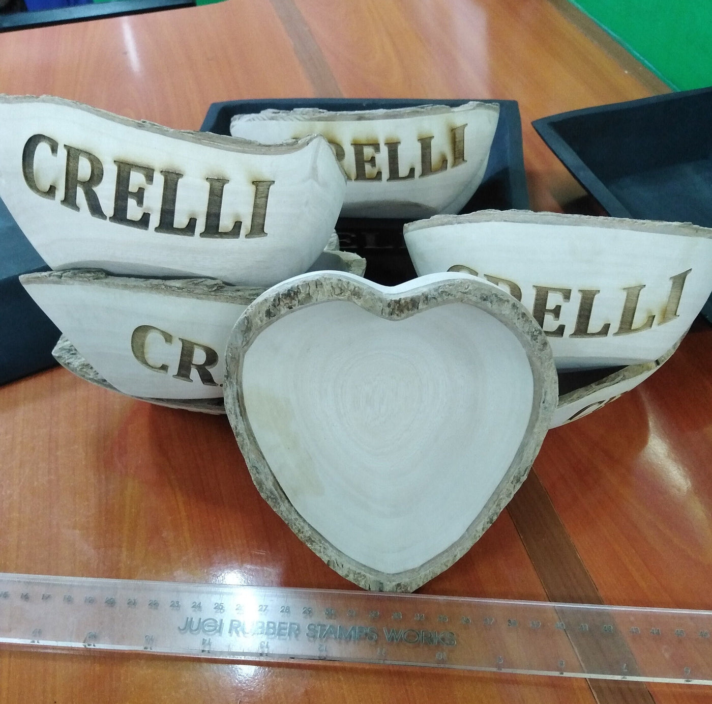 Wholesale Supply. Personalised Heart shaped stem Bark Bowls Natural set of 10.
