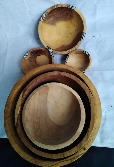 Wholesale Hand-carved Antique Large wooden Salad and Soup Bowl.Set of 3 Personalised inlaid Cow Bone Salad Serving Bowls and 2 Free spoons
