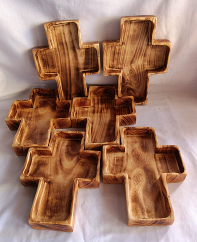 Wholesale Supply! Qty 5 Christian Cross Shaped wooden Medium Dough Bowls. Easter Gift Candle Ready  Bowls. Farmhouse Rustic Religious Decor