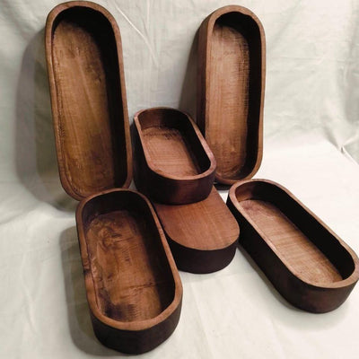 Rustic New Wood Dough Bowl Light Brown Dye | Hand finished Wood Candle Vessels 9 and 11" mix Farmhouse Decor Reusable Candle Bowls set of 6
