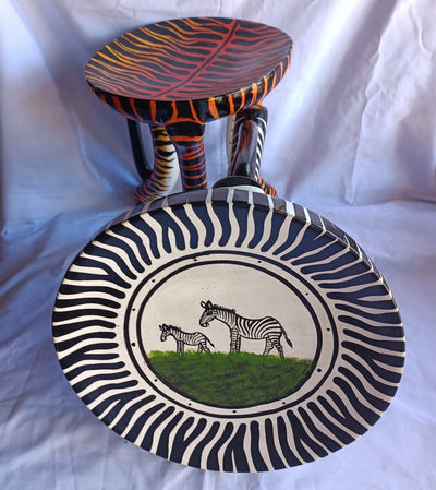 Two Gorgeous Hand carved Tiger and Zebra 3 legged Stools set of 2 with Handles. Modern maasai Wildlife Themed Stools. Bulk.The Senufo pair