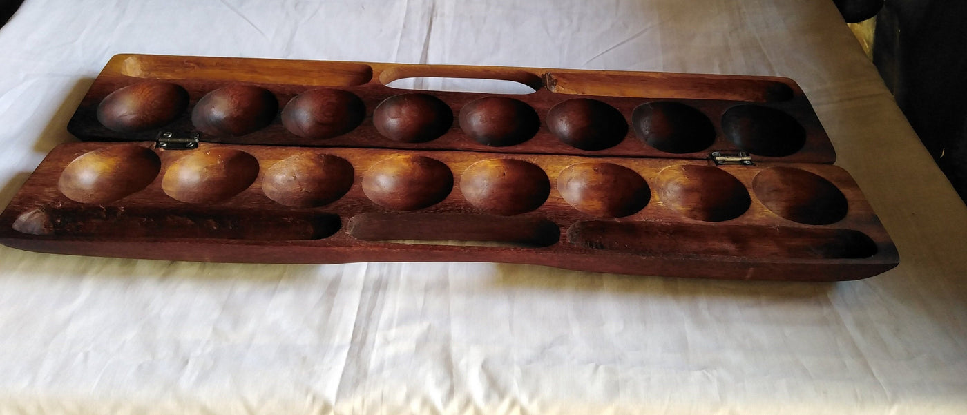 Handmade Mancala Board Game-Personalized.Dark Hardwood Bao Board Game.Traditional Ajua Game.Hawalis Game of Oman.with Sago palm seed/marbles