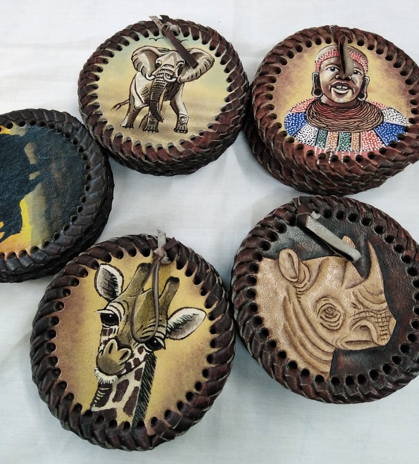 6 Leather Circle Coaster set with Holder. Drink Coasters. Engraved Coaster Set. The Big Five wildlife Leather Coaster Set.Gift Coasters