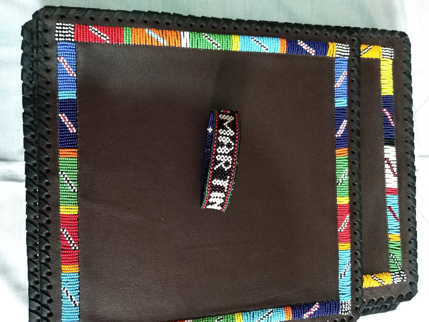 Unique Handmade Leather Beaded placematts set of 3 with a Free Random Gift. 3 Leather and Beads Table Matt's with a Free Personalised Gift.