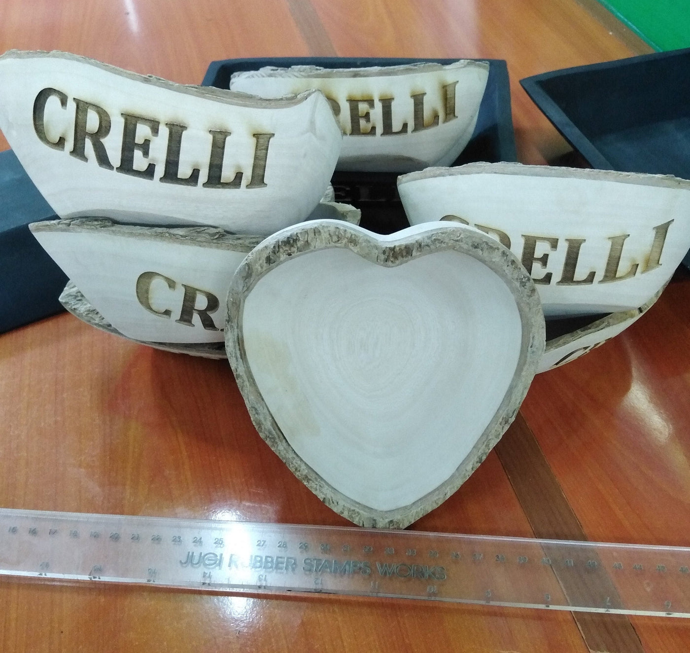 Wholesale Supply. Personalised Heart shaped stem Bark Bowls Natural set of 10.