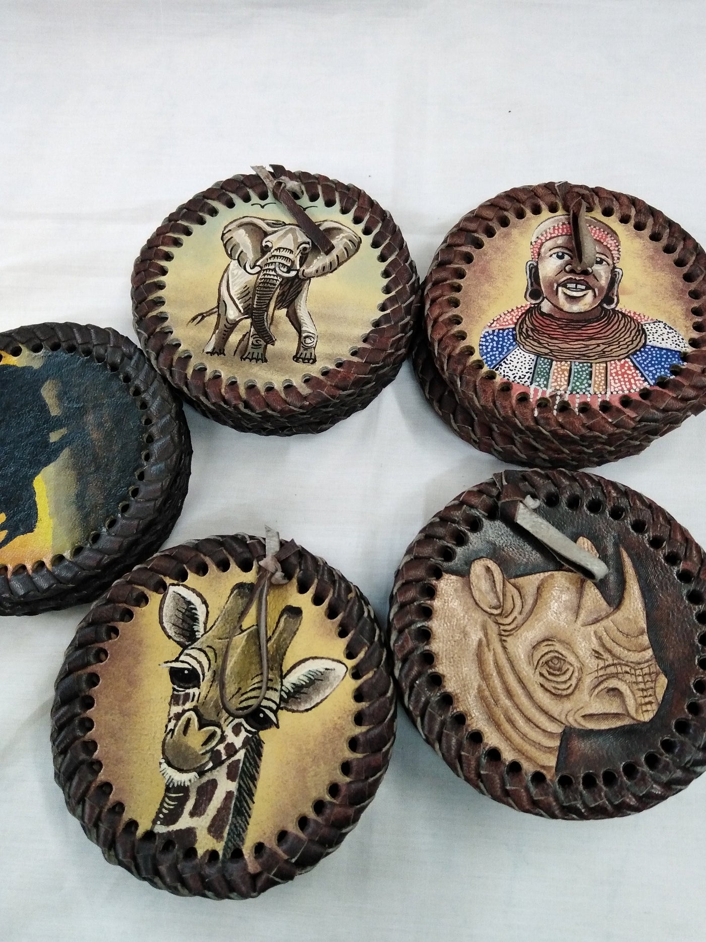 6 Leather Circle Coaster set with Holder. Drink Coasters. Engraved Coaster Set. The Big Five wildlife Leather Coaster Set.Gift Coasters