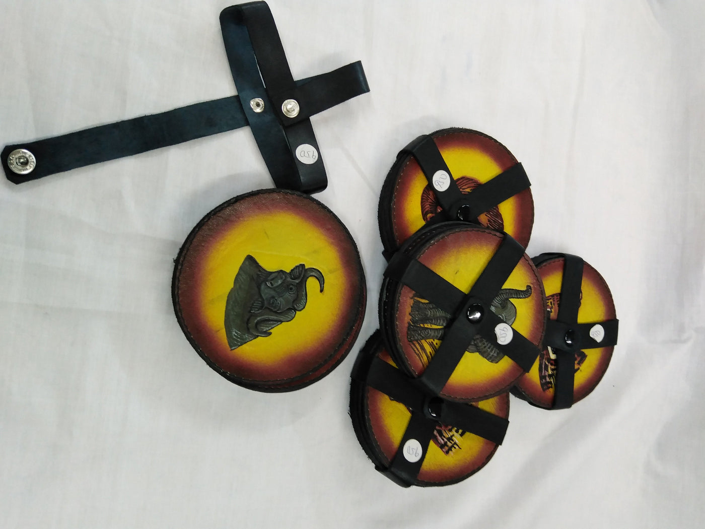 6 Leather Circle Coaster set with Leather Strap Holder. Drink Coasters. The Big Five wildlife Leather Coaster Set.Gift Coasters