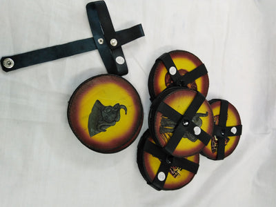 6 Leather Circle Coaster set with Leather Strap Holder. Drink Coasters. The Big Five wildlife Leather Coaster Set.Gift Coasters