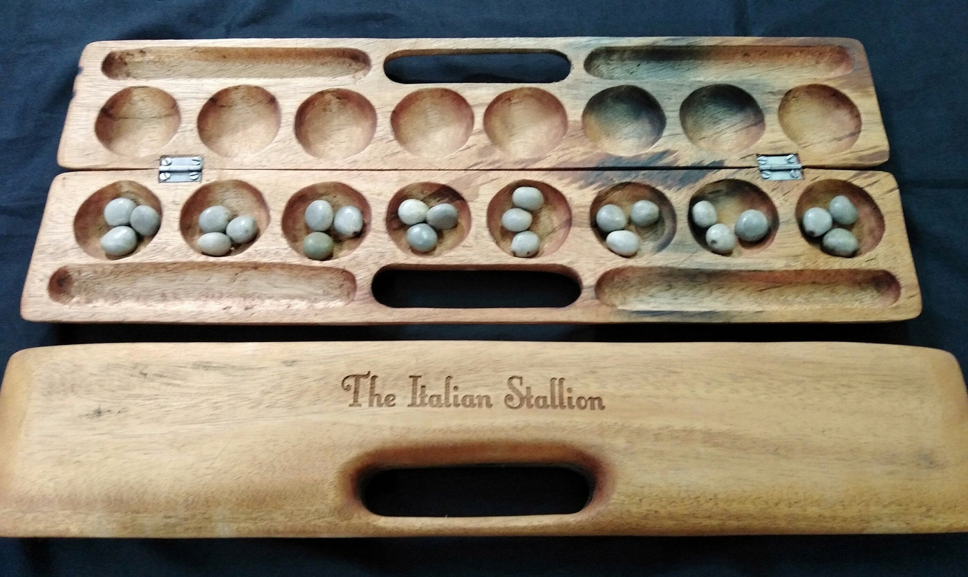 Laser engraved Mancala Board Game-Personalized.Inscribed Hardwood Bao Game. Traditional Ajua Game.Hawalis Game of Oman. with Sago palm seeds