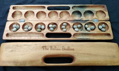 Laser engraved Mancala Board Game-Personalized.Inscribed Hardwood Bao Game. Traditional Ajua Game.Hawalis Game of Oman. with Sago palm seeds