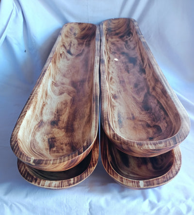 Large Extra long carved skinny wooden Dough Bowls set of 3. Trencher centerpiece Tray. 30×4-6"primitive Decor Bowls.The Special Candle Bowls