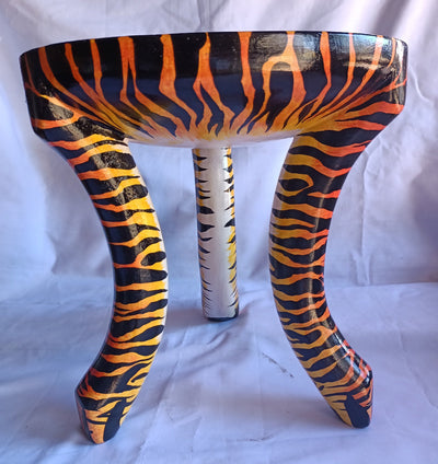 Beautiful Handmade Oval Wood enTiger Print 3 legged Stool with a handle. Modern Maasai Wildlife Themed Stool. Available in Bulk. Neo Senufo.