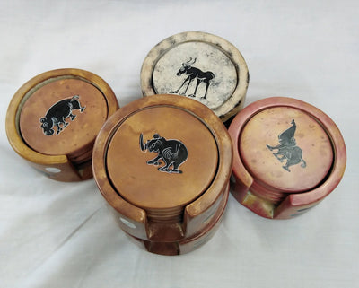 6 Soapstone Circle Coaster set with Holder. Drink Coasters. Engraved Coaster Set. Kenyan Flag Soapstone Coaster Set.Wildlife Lion Coasters.