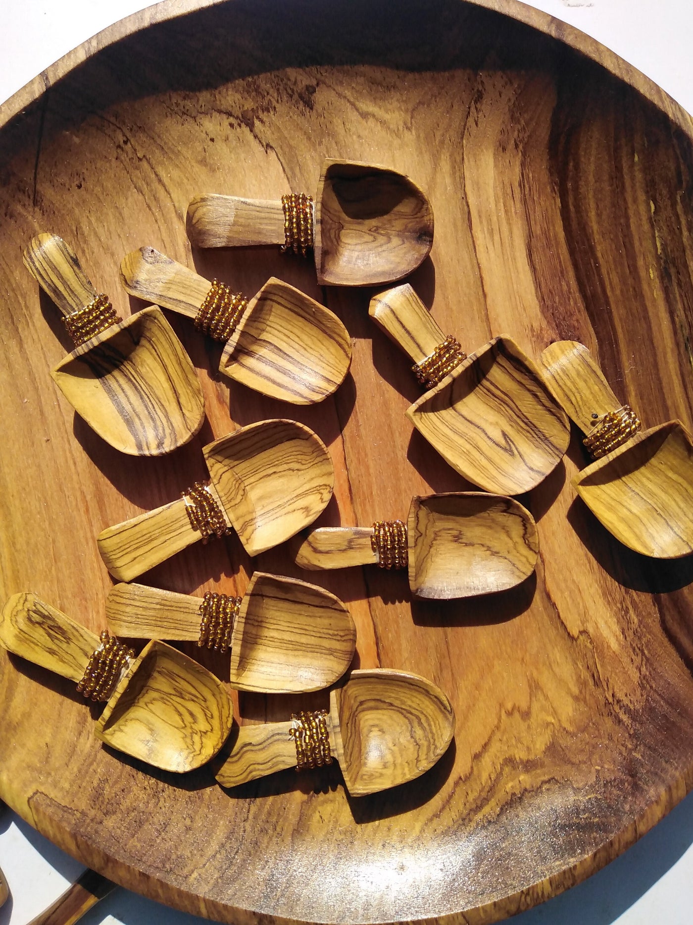 A Dozen Olive Wood and Brown Beads Spice, Sugar and Salt Spoons. Beaded wooden Condiments Spoons 12 pieces .wholesale Gifts Item