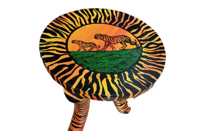 Beautiful Handmade Oval Wood enTiger Print 3 legged Stool with a handle. Modern Maasai Wildlife Themed Stool. Available in Bulk. Neo Senufo.