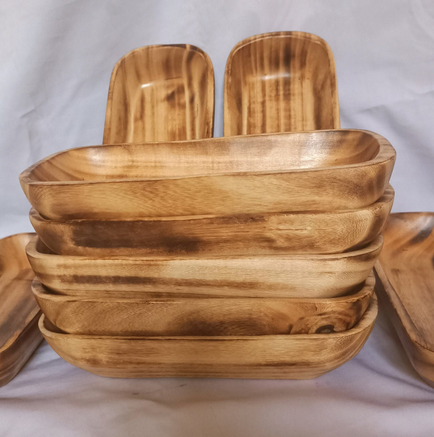 New Bowls Alert!Elegantly  Handcarved Square edged Oval Dough Bowls Set of 6.Wholesale 11" and 9" Long.Candle Pour Safe and Ready.Gift items